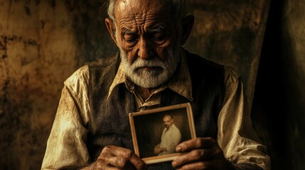 Emotional Sad Shayari Image of an Old Man Holding a Photo, Lost in Memories of His Past Love, Expressing Deep Loneliness, Heartbreak, and Nostalgic Pain