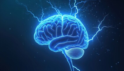Digital illustration human brain with electrical activity flashes lightning blue background. Concept idea, innovation, intellect, intelligence, power, mind, nervous system, neurology, psychology.