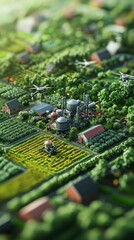 Aerial view of rural landscape with agricultural drones and machinery, industrial buildings in the background. Possible use Environmental sustainability, agricultural technology