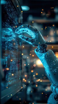 Robotic arm interacts with holographic display in a futuristic factory