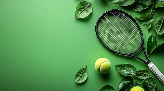 Tennis racket, balls, and leaves on green background.