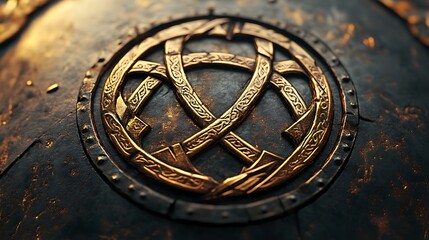 Intricate golden emblem set within a circular and textured frame