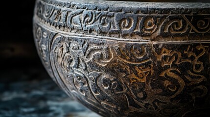 Ornate stone bowl with carved floral patterns.
