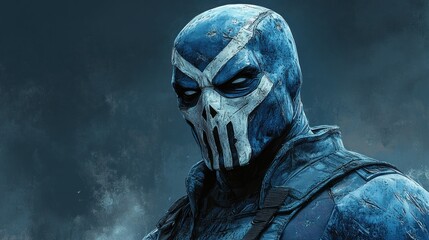 Blue masked vigilante in smoky battlefield, ready for action