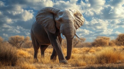 Naklejka premium A large african elephant walking towards the viewer with grass around