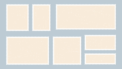 Retro postage stamp set with aged paper grunge scratched texture. Postal stamps collection with perforated edges. Vector template for postal design, invitation, scrapbooking, and retro style graphic