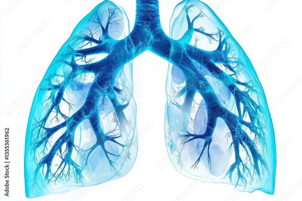 Poster digital rendering of transparent lungs with detailed bronchial tree structure, scientific and medica