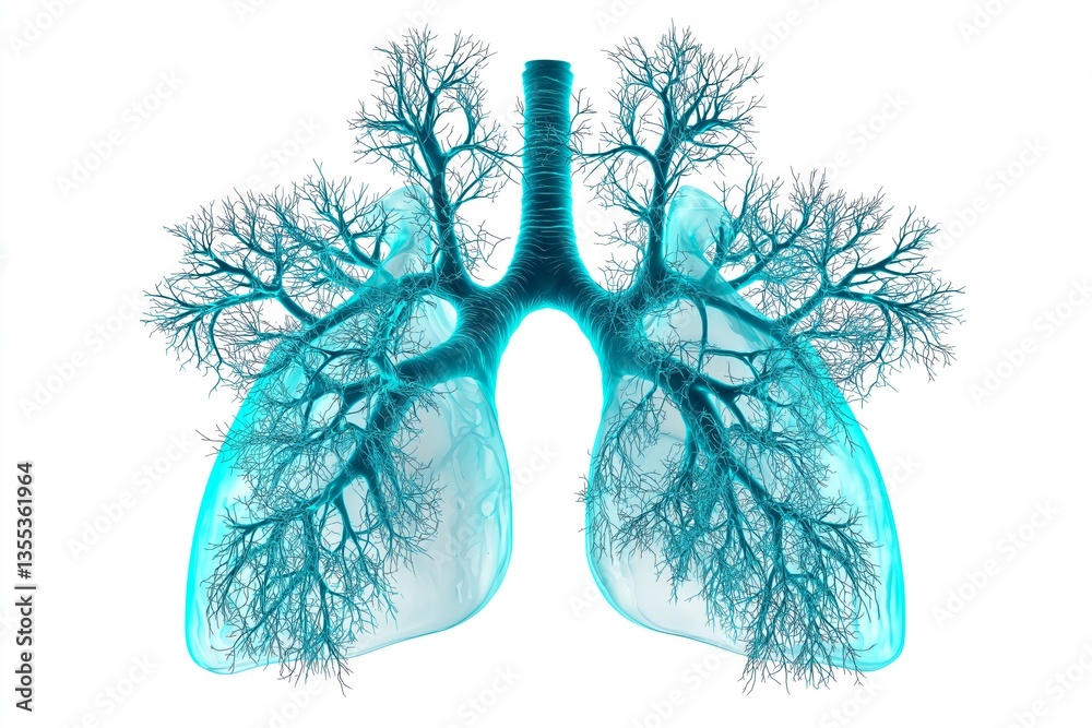 Poster Digital rendering of transparent lungs with detailed bronchial tree structure, scientific and medical concept focusing on respiratory health and anatomy, Generative AI