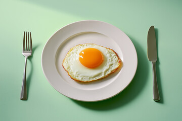Deliciously simple breakfast featuring a sunny-side-up egg served on a plate with silver utensils on a mint green backdrop
