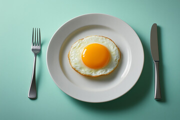 Fried egg served on a minimalist plate set against a pastel blue backdrop at breakfast time