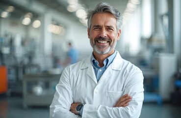 Portrait of confident mature male scientist in lab coat with arms crossed. Smiling happy man chemist or biologist. Science, tech research in laboratory, successful business concept.