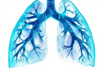 Digital rendering of transparent lungs with detailed bronchial tree structure, scientific and medical concept focusing on respiratory health and anatomy, Generative AI