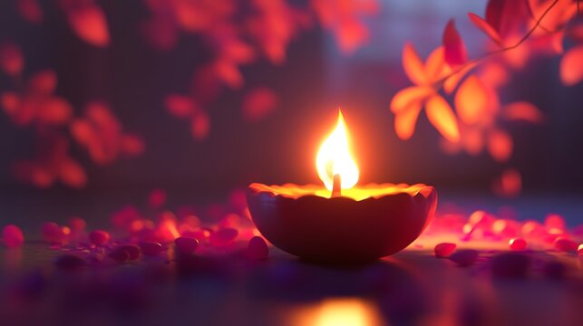 A glowing candle illuminates a setting with petals and leaves - Powered by Adobe