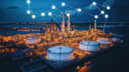 Fototapeta premium Smart Refinery at Night Connected Industrial Landscape.