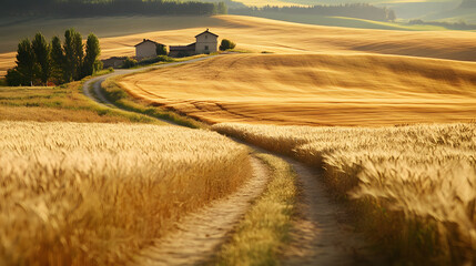 Fototapeta premium A small country house visible in the distance, framed by a path through golden wheat fields.