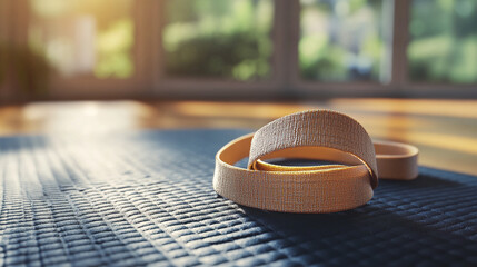 Martial arts belt resting on a mat in a sunlit dojo  