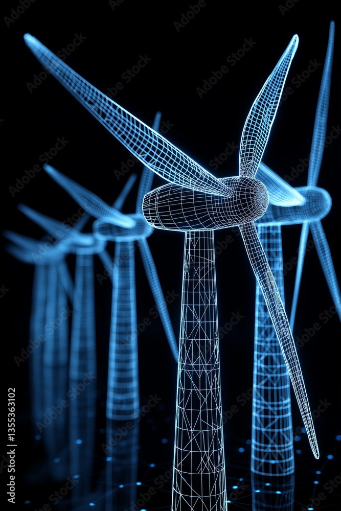 Poster 3d render of multiple wind turbines in futuristic blue wireframe style symbolizing renewable energy,