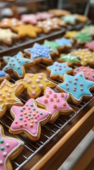 Colorful star-shaped iced cookies cooling on a wire rack in a bakery