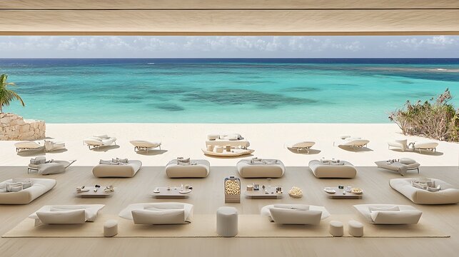 Beachside lounge area overlooking the ocean with furniture setup