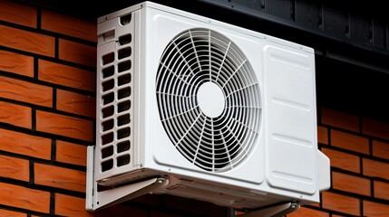 A compact heat pump mounted on a traditional brick building, enhancing home energy efficiency.