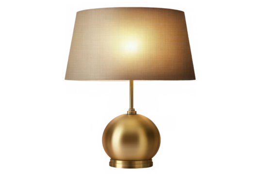 Modern table lamp with brass base and beige lampshade offering stylish warm lighting for living space or bedroom isolated on transparent background
