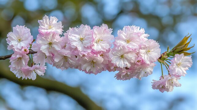 Delicate cherry blossom branch covered in soft pink flowers gently swaying against a blurred background of blue sky