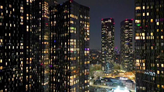 Dusk Drone View of Illuminated Deansgate Square in Manchester, UK