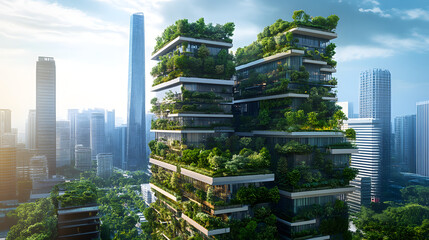 Obraz premium A smart city integrating smart vertical gardens on skyscrapers and green spaces along roadsides, making the environment healthier and reducing the impact of urban sprawl.