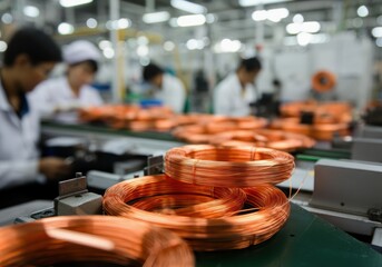 Copper wire coils in a manufacturing facility, showcasing industrial production