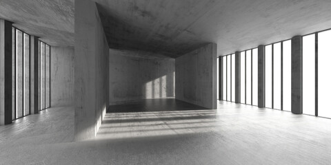 Minimalist industrial architectural space with concrete walls and natural light. 3d render