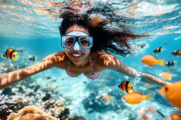 Bright commercial style image. Many tropical fish swim next to her. A lovely and sexy happy mixed-race young woman with black hair in a swimming mask and fins snorkeling among the corals.