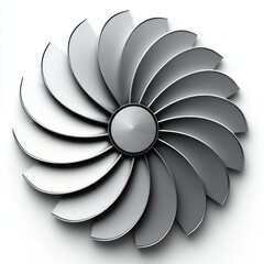 Abstract metallic swirl design;  grey, silver, circular, turbine-like