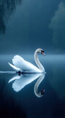 Obraz premium Majestic swan gliding on tranquil lake at dawn