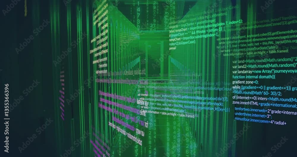 Poster animation of digital code and data streams flowing in green virtual environment