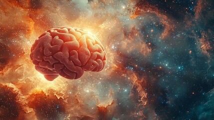 Human brain in vibrant nebula, cosmic concept.