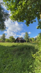 Old wooden house surrounded by lush greenery under a blue sky with white clouds