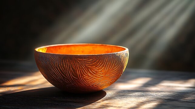 Unique artisan pottery bowl with intricate floral carvings high resolution picture