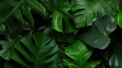 Lush tropical leaves, vibrant green foliage, close-up texture.  Wet, dark green leaves intertwined.  Natural background