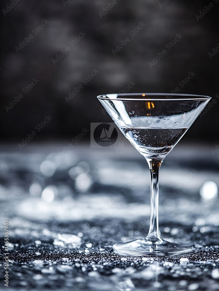 Poster elegant cocktail glass filled with clear liquid set against a dark and sparkling background : genera