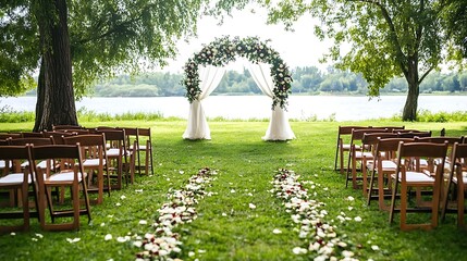 An outdoor wedding ceremony setting with flowers and chairs arranged gracefully
