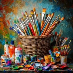 Basket of art supplies, colorful paints and brushes spilling out, set on a creative studio table, vibrant and lively, photorealistic