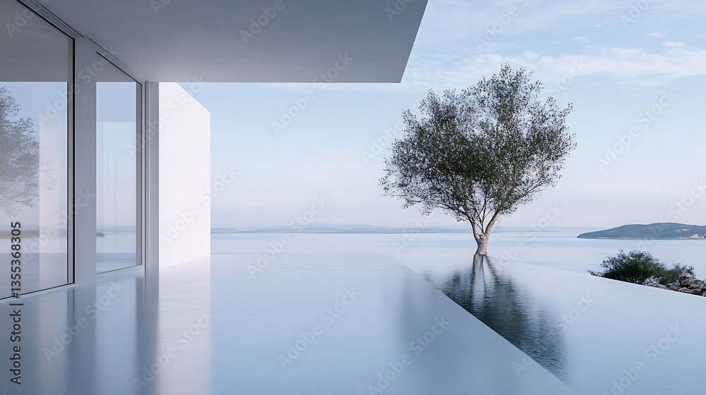 Aufkleber modern architectural design showcasing a sleek building with a tree next to tranquil water : generat