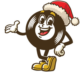 Cartoon character of vinyl record wearing a Christmas hat