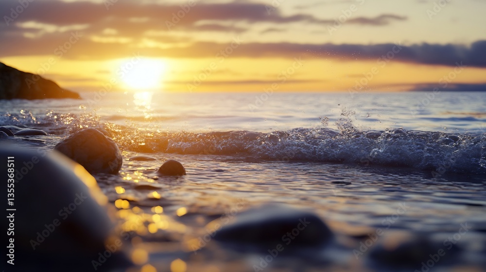 Poster Glistening sunset by the shore with smooth stones and gentle waves creating a tranquil scene : Generative AI