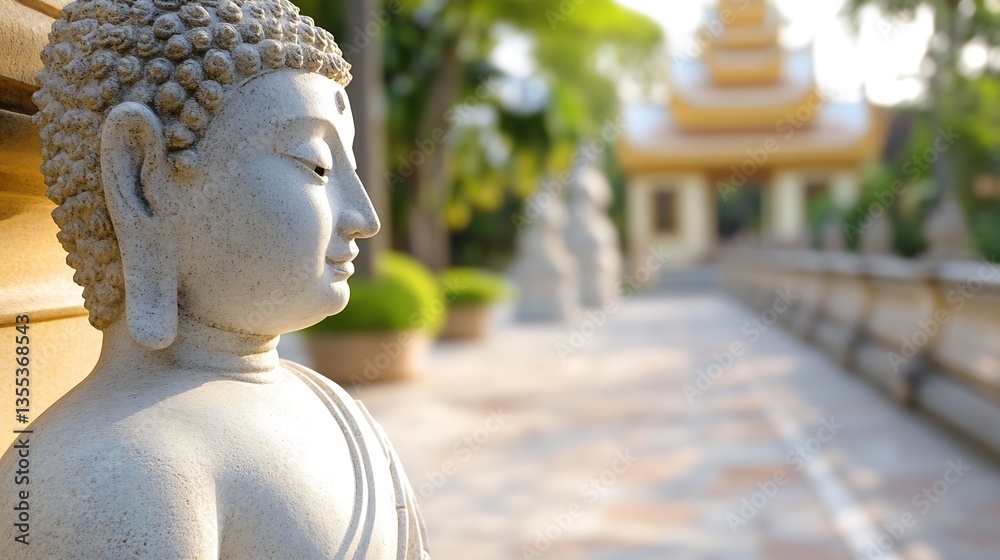 Aufkleber Serene closeup of a stone Buddha statue surrounded by lush greenery in a peaceful setting : Generative AI