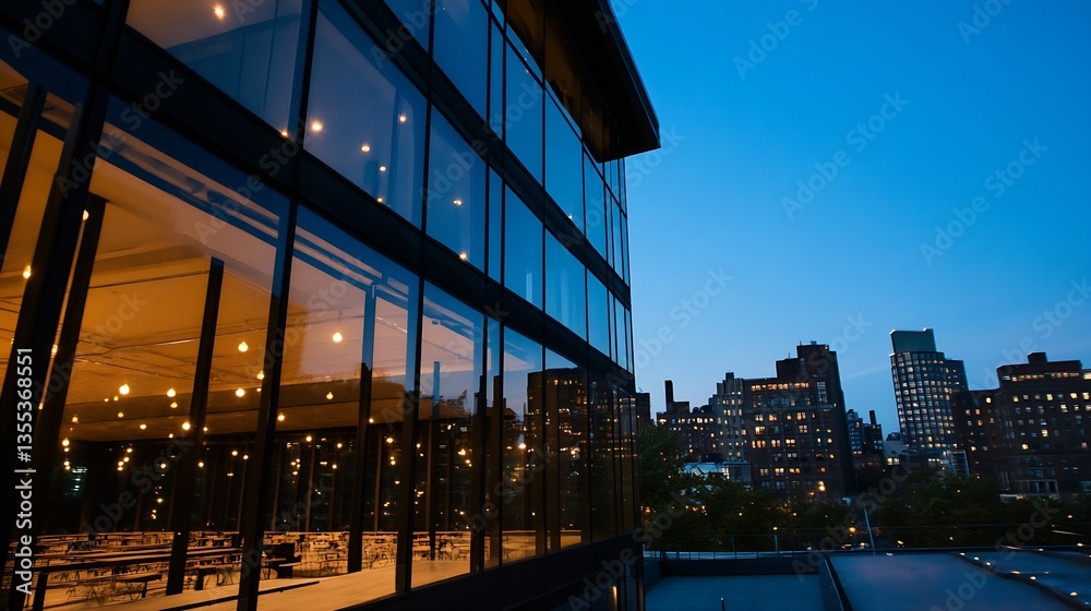 Poster stunning urban evening scene featuring modern architecture and city skyline illuminated at dusk : ge