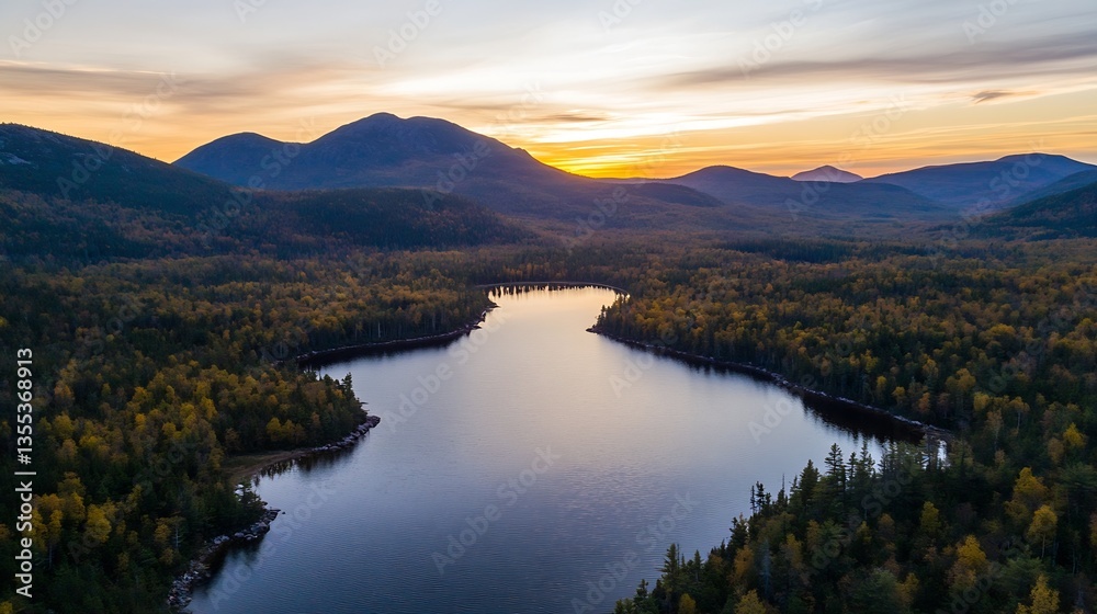 Poster aerial panoramic view of mountains and a tranquil lake reflecting the colorful sunset sky : generati