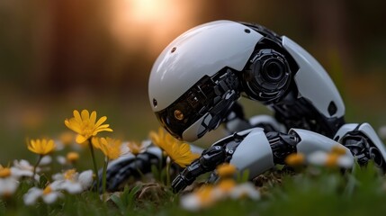 Fototapeta premium Futuristic robot exploring a meadow of flowers. A white, mechanical creature, low to the ground, is surrounded by yellow and white blossoms