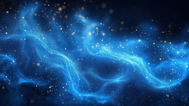 Blue energy wave flowing in dark space with sparkling particles