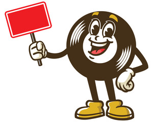 Cartoon character of a vinyl record holding a blank sign board